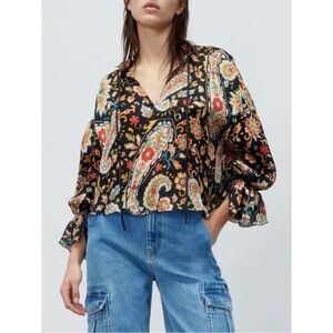 ZARA Floral Paisley Ruffle Boho Blouse Split V-Neck Tie Sleeve Top